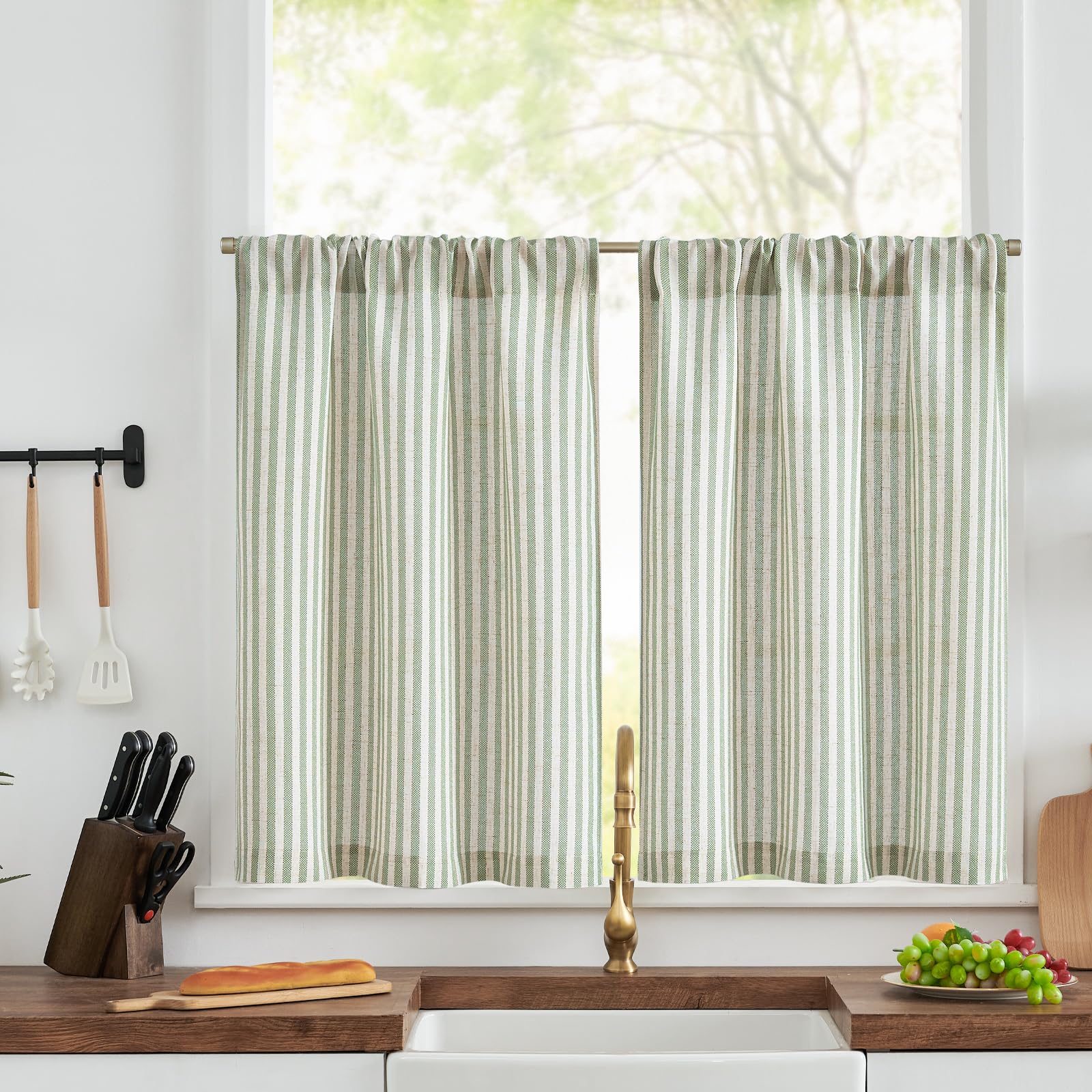 Photo 1 of jinchan Striped Linen Kitchen Curtains 30 Inch Length Pinstripe Farmhouse Cafe Tier Curtains for Living Room Bathroom Rustic Half Window Light Filtering Rod Pocket Small Drapes 2 Panels Sage Green
