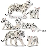 Toymany 6PCS Realistic White Tigers Figurines with Tiger Cubs, 2-6" Jungle Animals Figures Family Set Includes Baby Tigers, Educational Toy Cake Toppers Christmas Birthday Gift for Kids