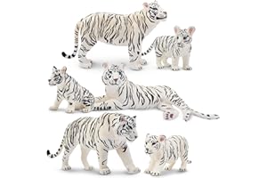 Toymany 6PCS Realistic White Tigers Figurines with Tiger Cubs, 2-6" Jungle Animals Figures Family Set includes Baby Tigers, Educational Toy Cake Toppers Christmas Birthday Gift for Kids Toddlers