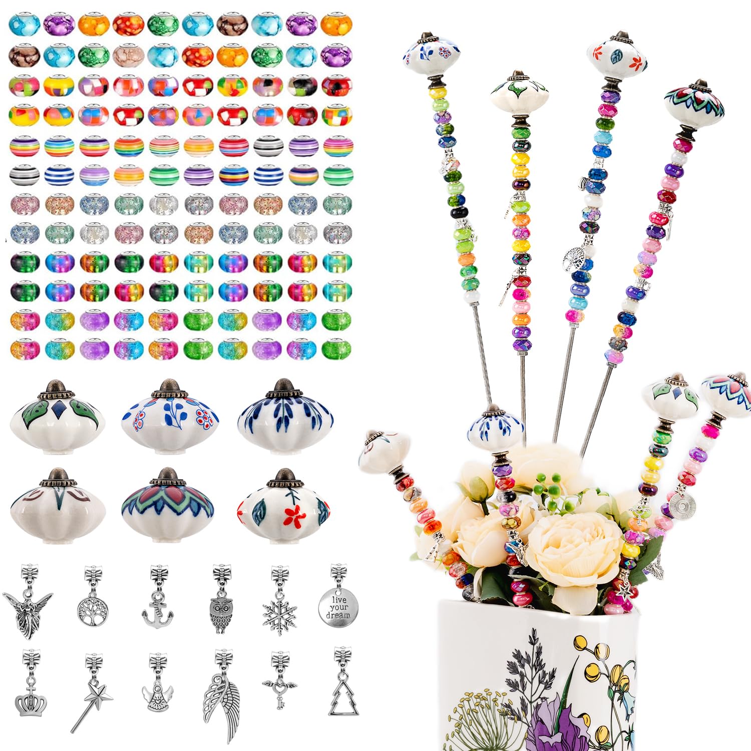 Prefdo Decorative Garden Stakes DIY Fairy Wand Beaded Garden Plant Stakes Kit with Ceramic Stopper Tops Silver Pendant Threaded Rod,100 Colorful Beads for Indoor Outdoor Plant Flower Pot Décor
