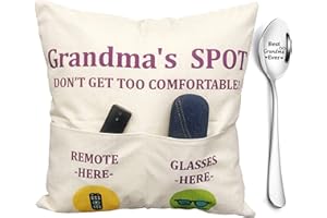 ZUYUROU Grandma Gifts, 2-Pocket Grandma’s Spot Throw Pillow Covers 18x18 Inch + Engraved Spoon, Birthday Christmas hanksgiving Day Gifts for Grandma Mom Gigi Nana Mimi