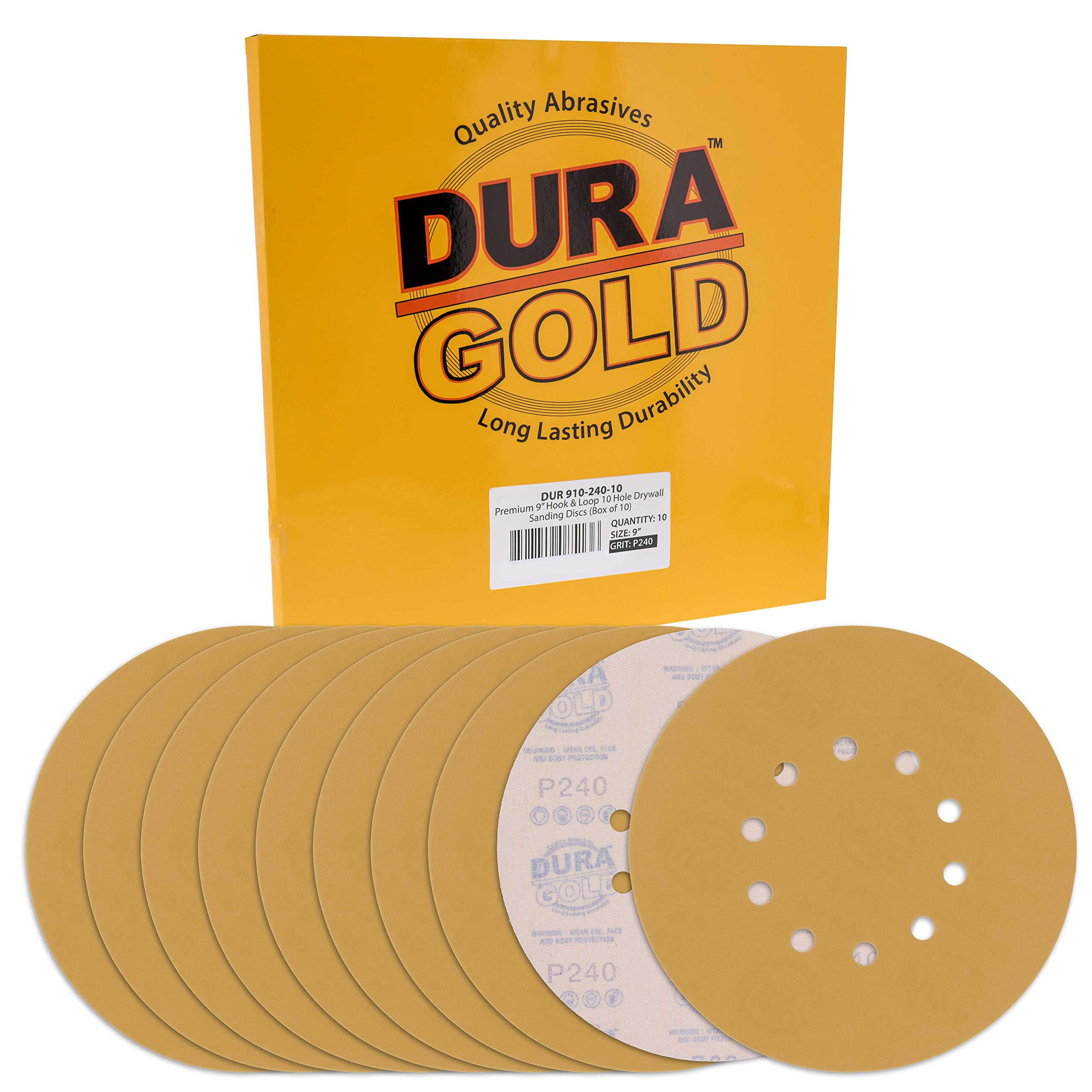 Dura-Gold - Premium Drywall Sanding Discs - (240 Grit) - 9" Gold Hook & Loop Discs with 10 Hole Pattern - Box of 10 Sandpaper Finishing Discs for Drywall
