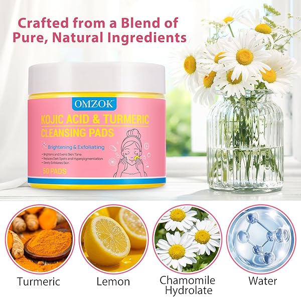 TURMERIC KOJIC ACID CLEANSING PADS – TURMERIC FACIAL CLEANSING PADS FOR ACNE FIRMING SKIN – CLEANSING TURMERIC PADS – REMOVE EXCESS KERATIN CLEAN PORES 50PCS