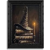 Framed Halloween Witch Hat Canvas Wall Art, Spooky Wizard Painting Picture Wall Decor, Vintage Magic Book Poster Print Artwork for Bedroom Home Decoration 9x11in