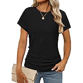 Cakrisyal Womens Summer Ruched Tops Eyelet Cap Short Sleeve Tshirts Crew Neck Casual Basic Blouse Fashion 2025 Trendy