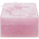 DaYammi 100Pcs Pink Dessert Plates with Forks Including 50Pcs Appetizer Plates,50Pcs Plastic Forks,Glitter Square Plate pink Disposable plates for Wedding,Plastic Cake Plate for Valentine's Day Party