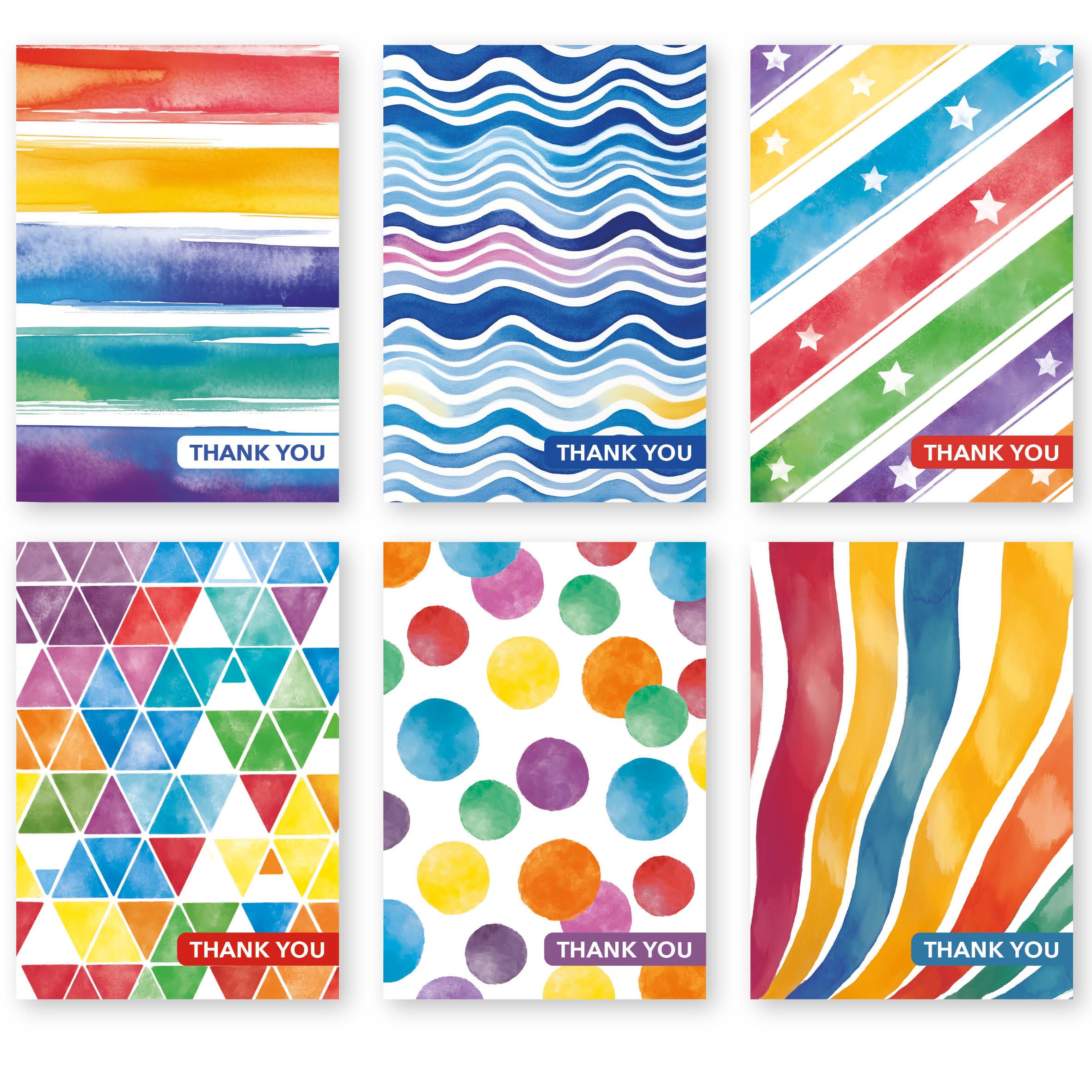 Thank You Cards Multipack of 24. Each Greeting Cards Pack includes 6 Colourful designs. 105 x 148mm. Blank Inside. Envelopes included. Made in UK.