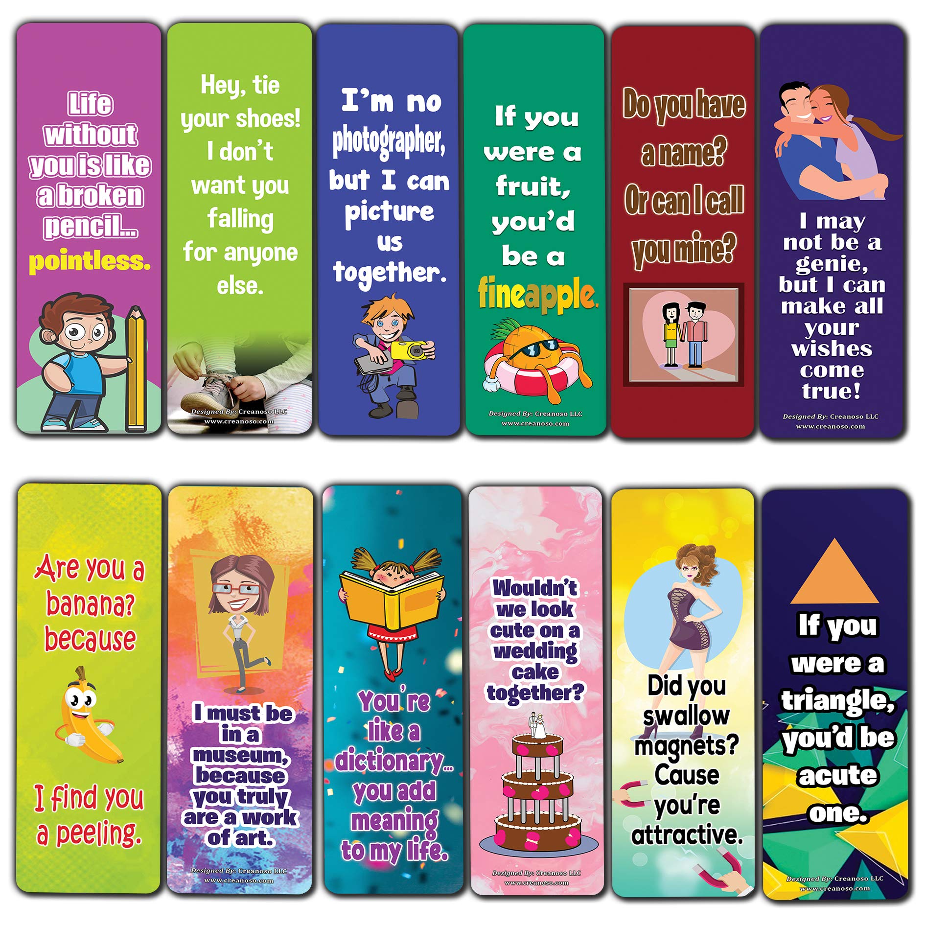 Creanoso Funny Pick Lines Jokes Bookmarks (30-Pack) – Premium Gifts Bookmarks for Bibliophiles Bookworms Men Women Teens – Stocking Stuffers for Readers – Home Office Supplies – DIY Kit