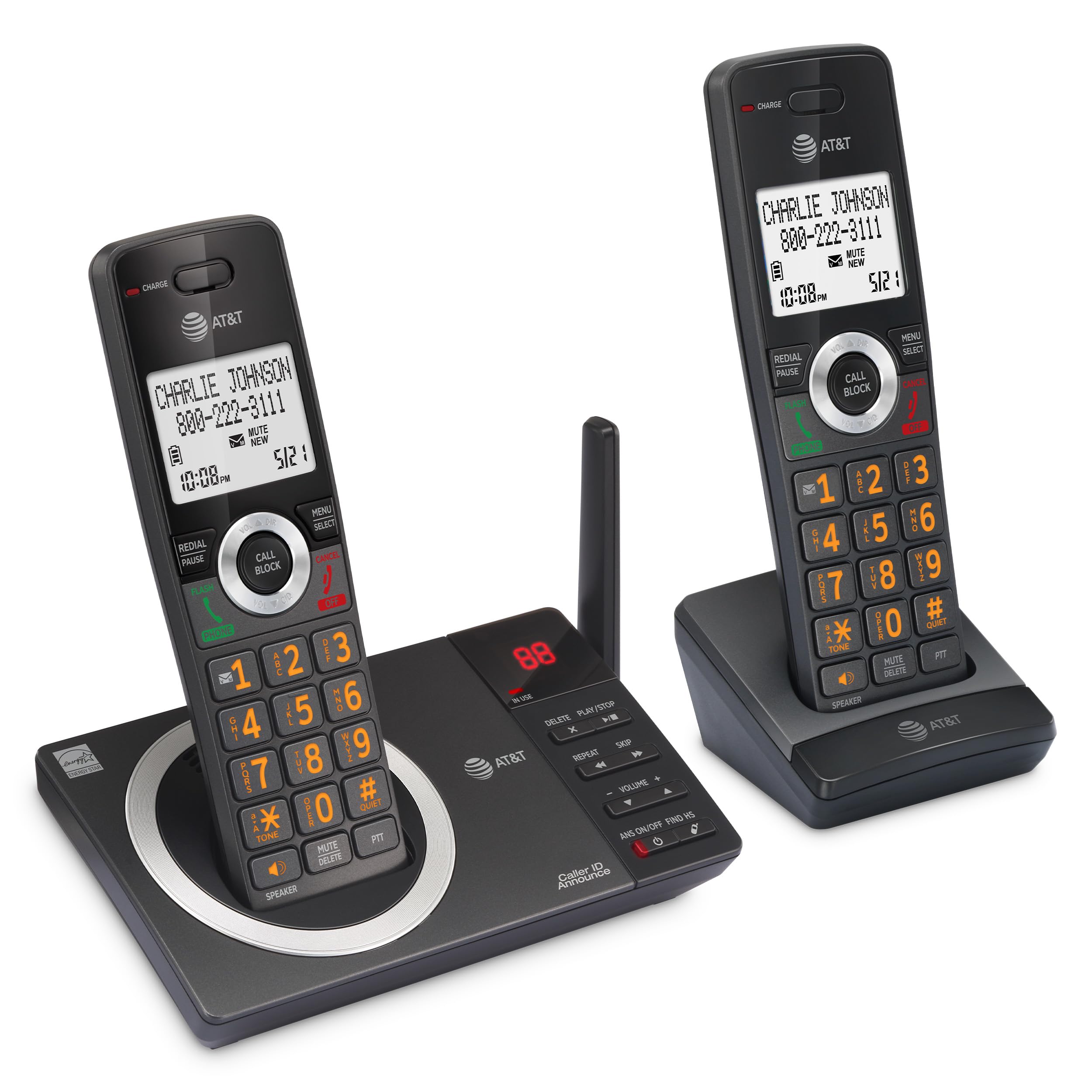 AT&T 2-Handset Expandable DECT 6.0 Cordless Home Phone with Large Display, Big Buttons, Answering Machine, Smart Call Blocker, Long Range, Caller ID, Speakerphone, Intercom: CL82218 (Charcoal Black)