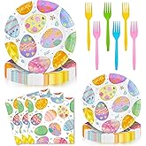 Jhfinely 96 Pieces Easter Paper Plates and Napkins Tableware Set, Colorful Eggs Disposable Dinnerware with Plates, Napkins, Forks for Easter Spring Party Supplies-Serves 24