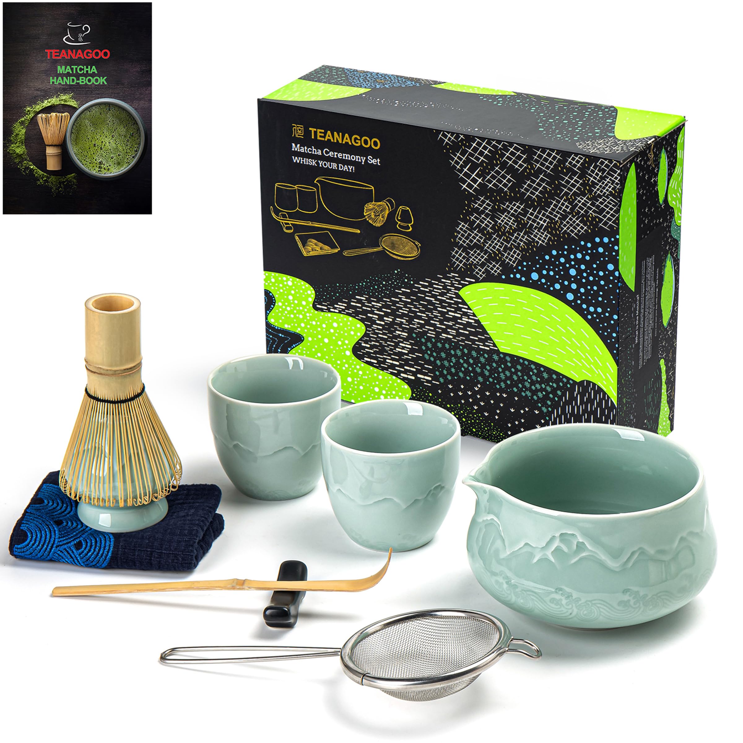 TEANAGOO Matcha Set Matcha Whisk Matcha Bowl with Pouring Spout Scoop Matcha Whisk Holder Tea Making Kit. Japanese Tea Set (7pcs) + 2Cups(5.6oz),S36,Celadon Blue,Color Box Packing…