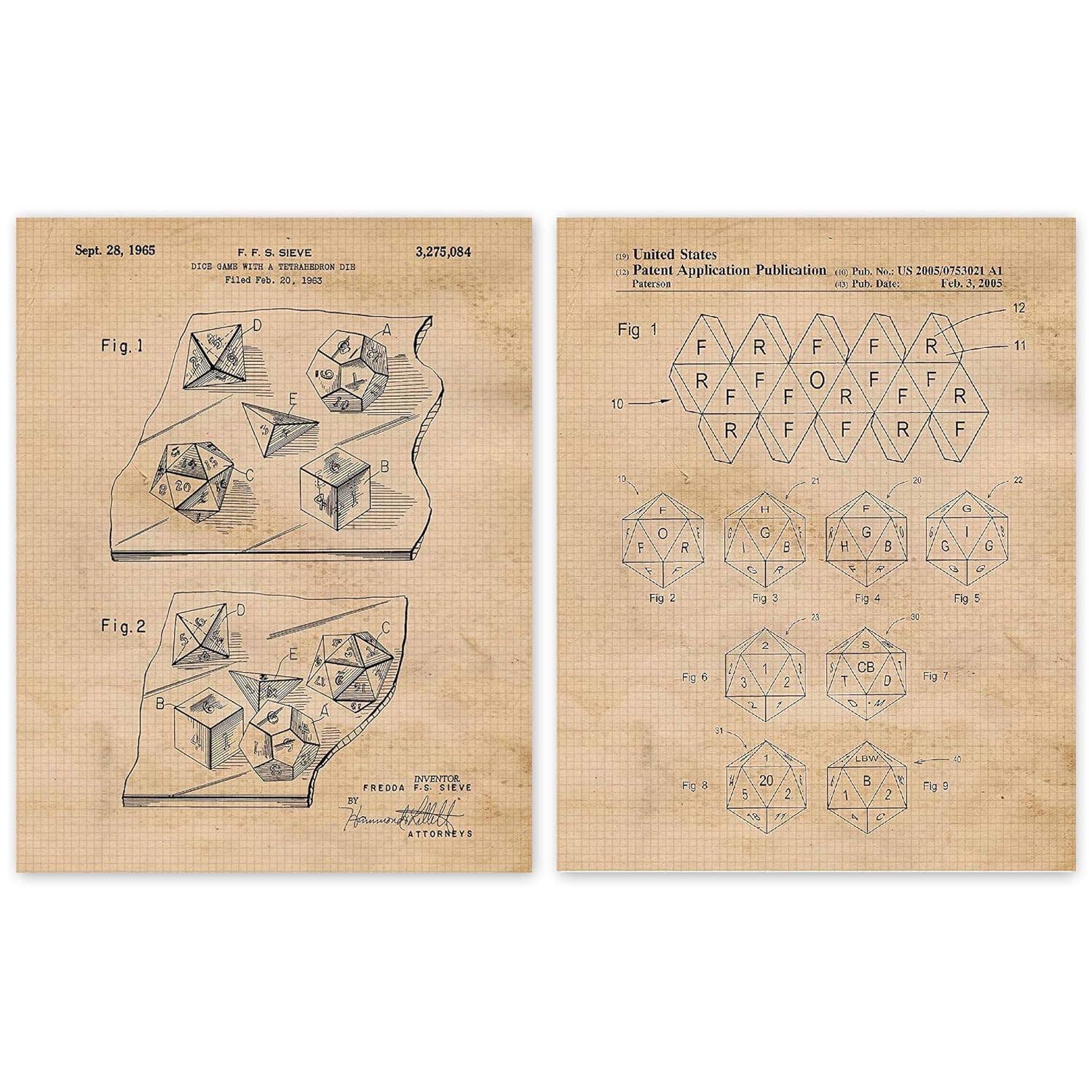 Vintage Dungeons and Dragons Dice Patent Poster Prints, Set of 2 (11x14) Unframed Photos, Wall Art Decor Gifts Under 15 for Home, Office, College Student, Teacher, Comic-Con & D&D Movies Fan