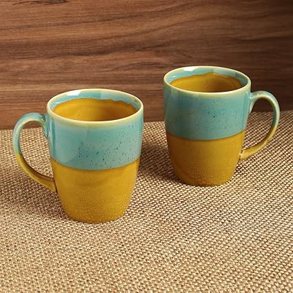 ExclusiveLane Studio Pottery Ceramic Glazed Tea Cups Set Cum Serving Coffee Mugs Set (Set of 2, Blue & Yellow)