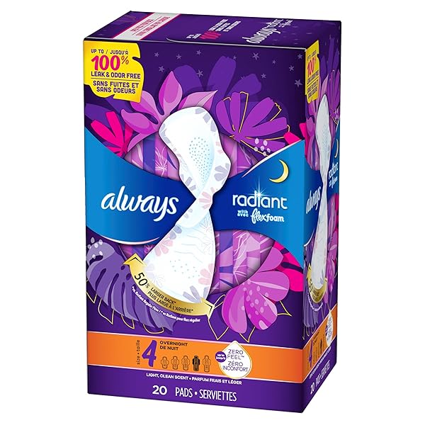 ALWAYS RADIANT PADS, SIZE 4, OVERNIGHT ABSORBENCY, SCENTED, 20 COUNT