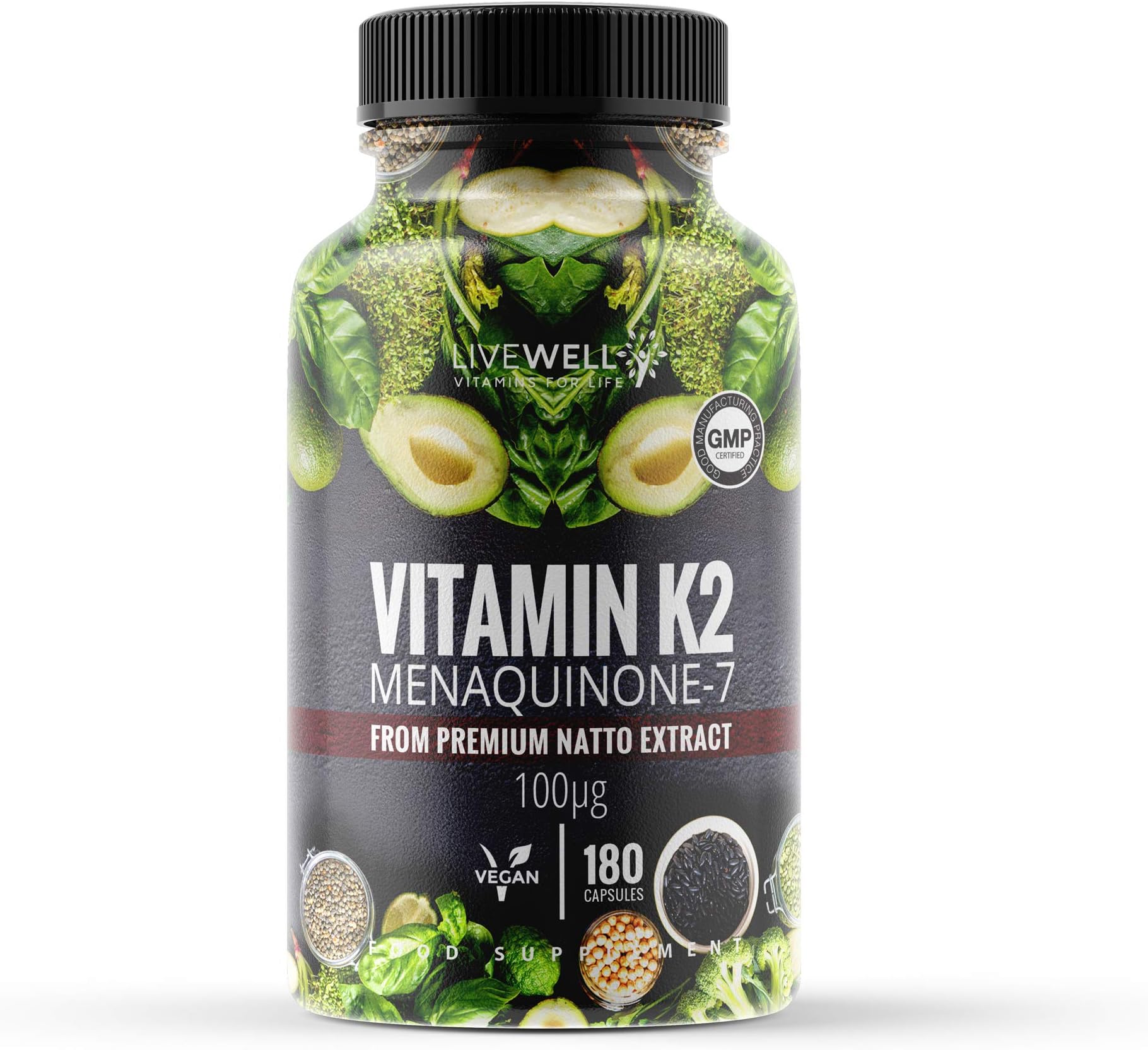Vitamin K2 (MK-7) Menaquinone 180 Capsules (not Tablets) | Suitable for Vegans & Vegetarians | Helps Maintain Normal Bones (180 Capsules)