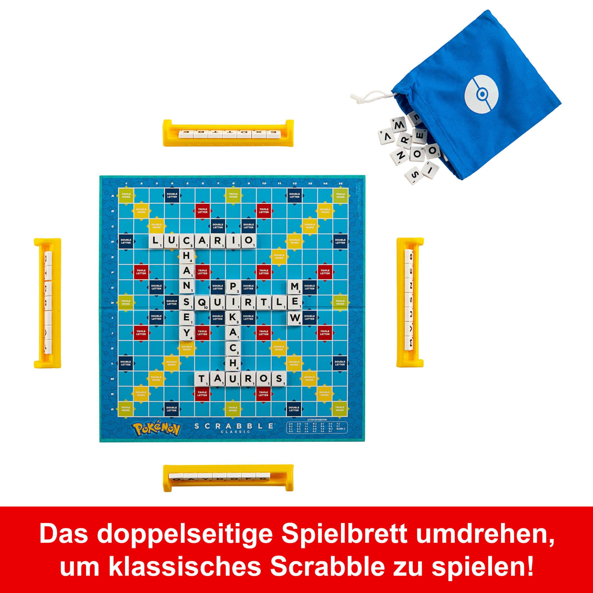Mattel Games Scrabble Pokémon-Brettspiel, Familienwortspiel mit Zwei Spielmöglichkeiten, enthält 50 Herausforderungskarten mit Pokémon-Charakteren für 24 Spieler, Deutsche Version, HXT28 5