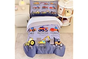GRAT TIOC 4 Piece Toddler Bedding Set for Boys,Cars Construction Toddler Bed Comforter Set Includes Comforter,Flat Sheet,Fitted Sheet and Pillowcase,Christan Trucks Tractors Bed in A Bag for Kids Bedroom