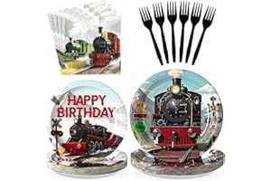Grencian 96Pcs Christmas Train Birthday Party Decorations Vintage Steam Train Paper Plates and Napkins Retro Trains Disposable Tableware for Boys Christmas Trains Themed Birthday Party Supplies