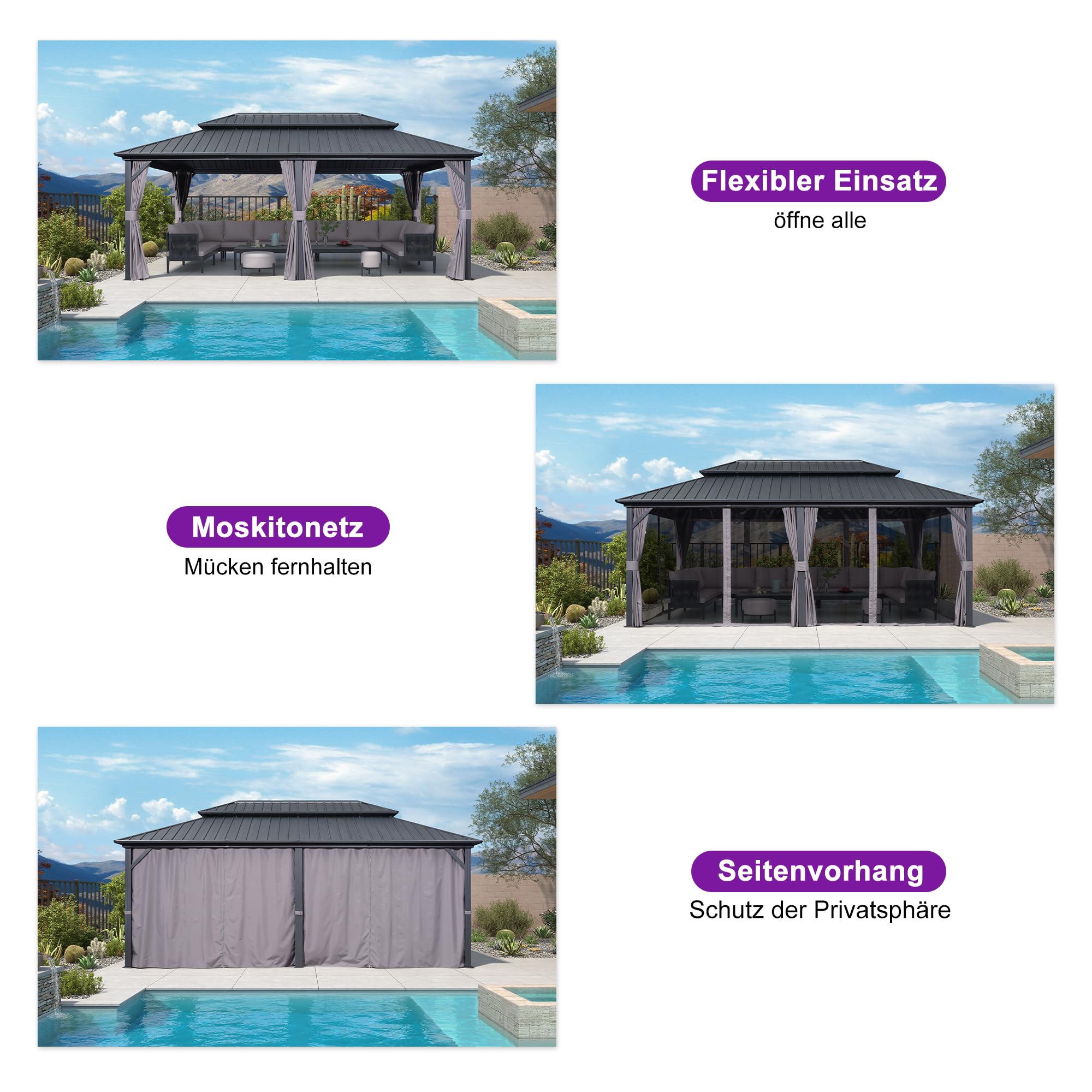 PURPLE LEAF Gartenpavillon 3.65 x 6 m Festem Dach, Basisch Pavillon Wasserdicht Stabil Winterfest Alu Pavillon mit Seitenwänden Hardtop Gartenpavillon mit Stahldach, Grau 8