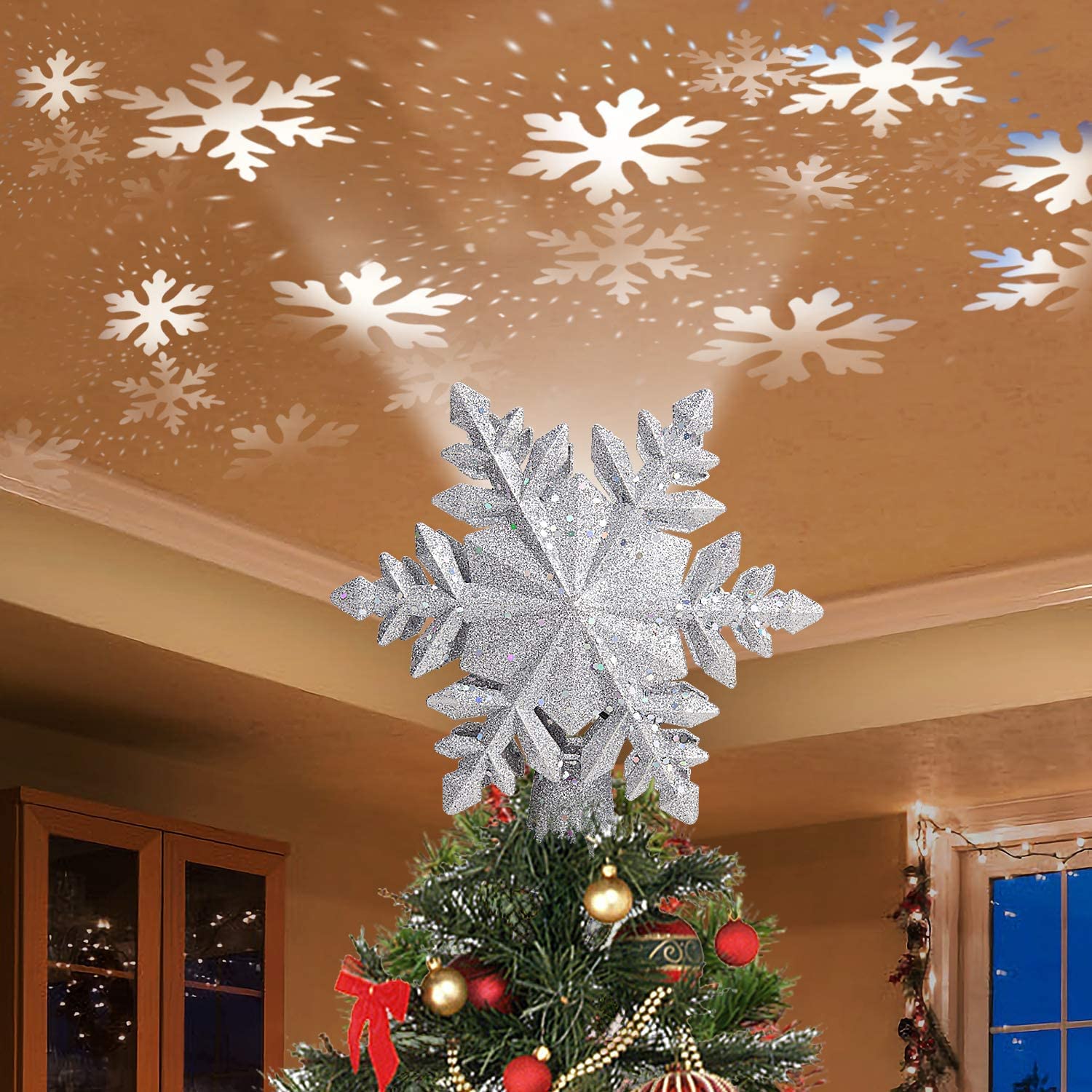 Photo 1 of DG-Direct Christmas Tree Topper Lighted with Silver Snowflake Projector, Led Rotating Magic Snowflake, 3D Hollow Glitter Lighted Silver Snow Tree Topper for Christmas Tree Decorations