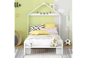 Harper & Bright Designs Twin Size Bed Frame for Kids,Wood Twin Bed with House-Shaped Headboard and Footboard Bench, Twin Size Platform Bed for Girls Boys,No Box Spring Needed,White
