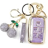 Rayslesan Sparkly Key Fob Cover with Cherry Keychain, Bling TPU Smart Key Case for Women, Compatible with Land Rover LR2 LR4 Range Rover Discovery Jaguar XJ XF XK (5-Button, Gold Purple)