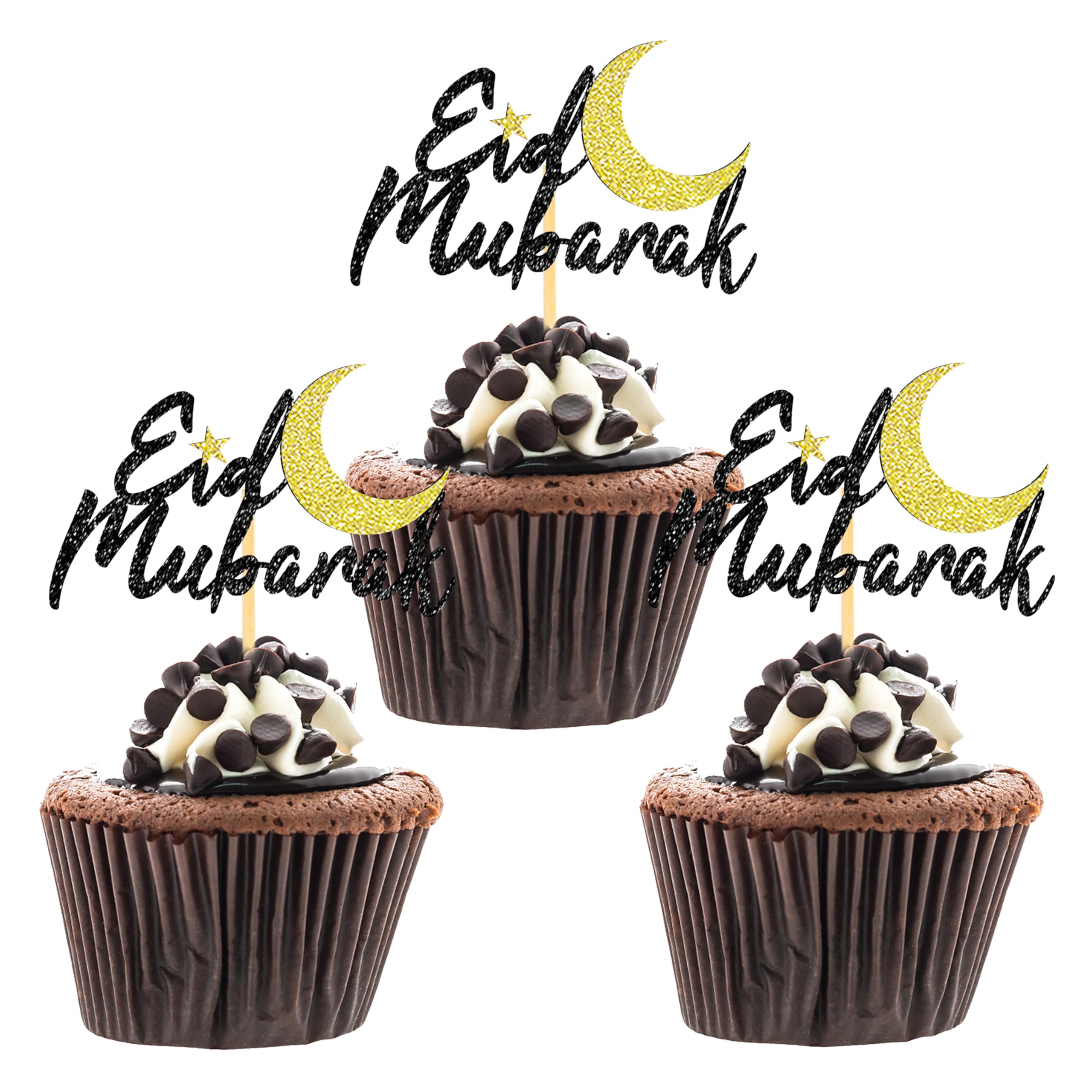24 Pcs Eid Mubarak Cupcake Toppers, Glitter Ramadan Mubarak Cupcake Decoration Picks, Eid Decoration for Cake, Ramadan Decoration 2026 (Gold& Black-B) — image 1