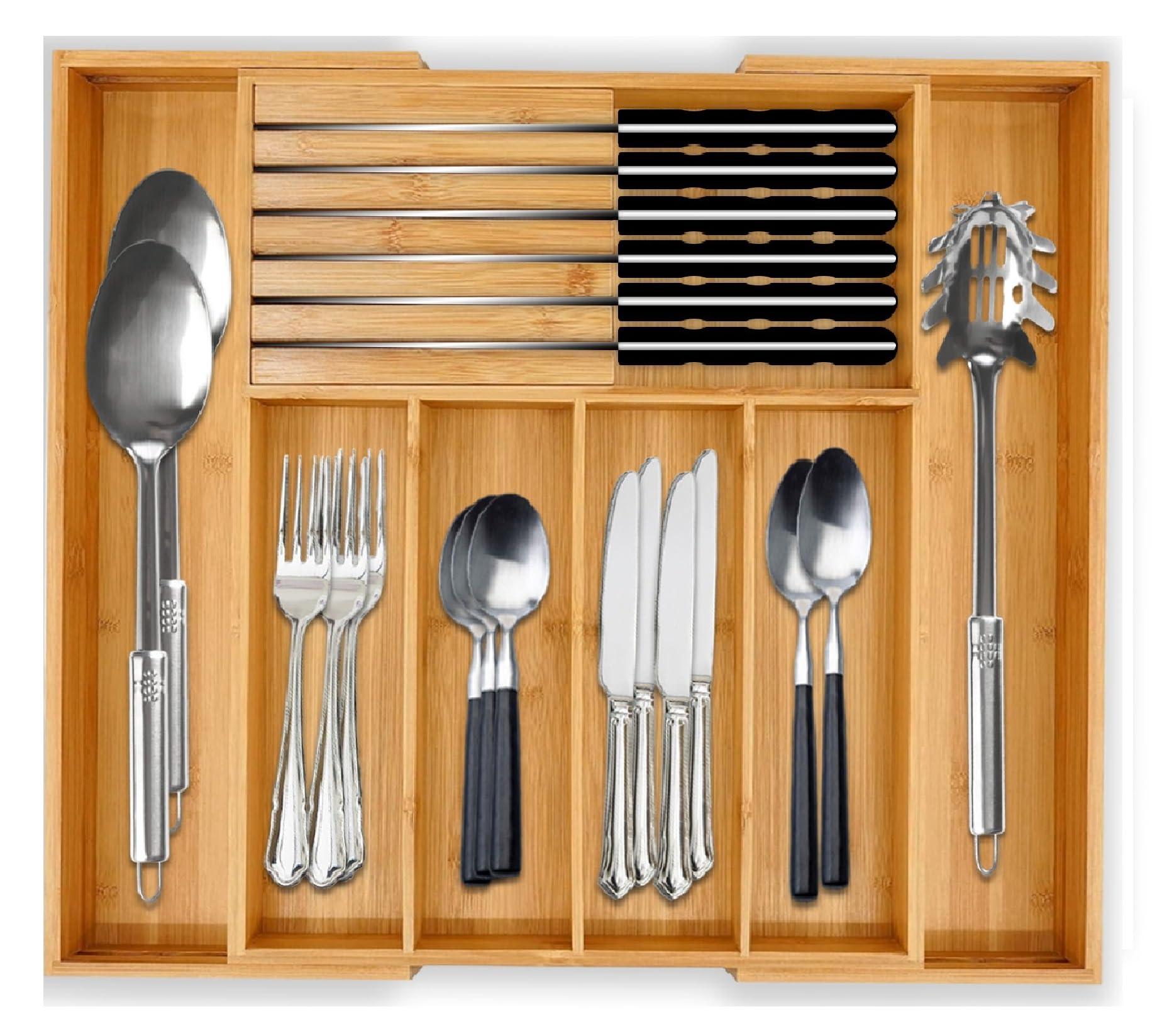 Photo 1 of PrimeNex Bamboo Silverware Cutlery Drawer Organizer with Knife Blocks -Expandable Drawer Organizer with Dividers for Kitchen Utensil & Flatware Organizer (7 Slots)
