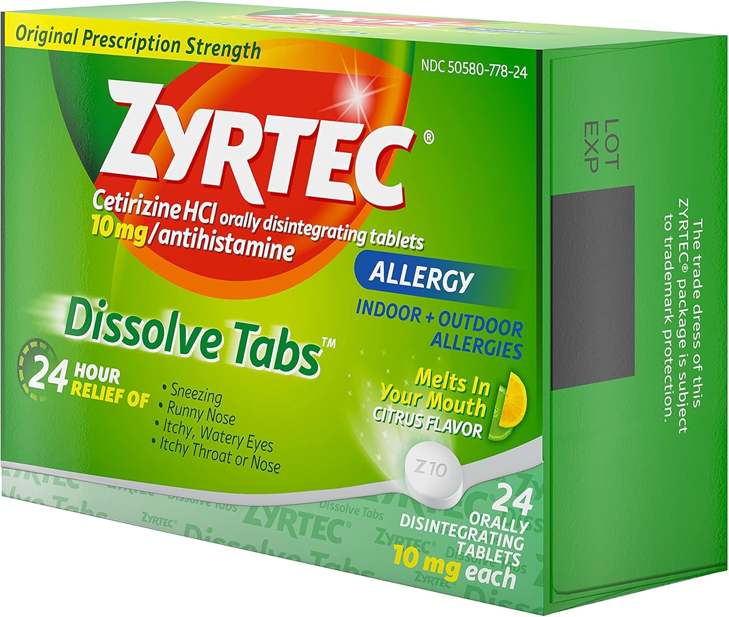 Zyrtec 24 Hour Allergy Dissolve Tablets with Cetirizine HCl Antihistamine, Citrus Flavored, 24 ct: Health & Personal Care