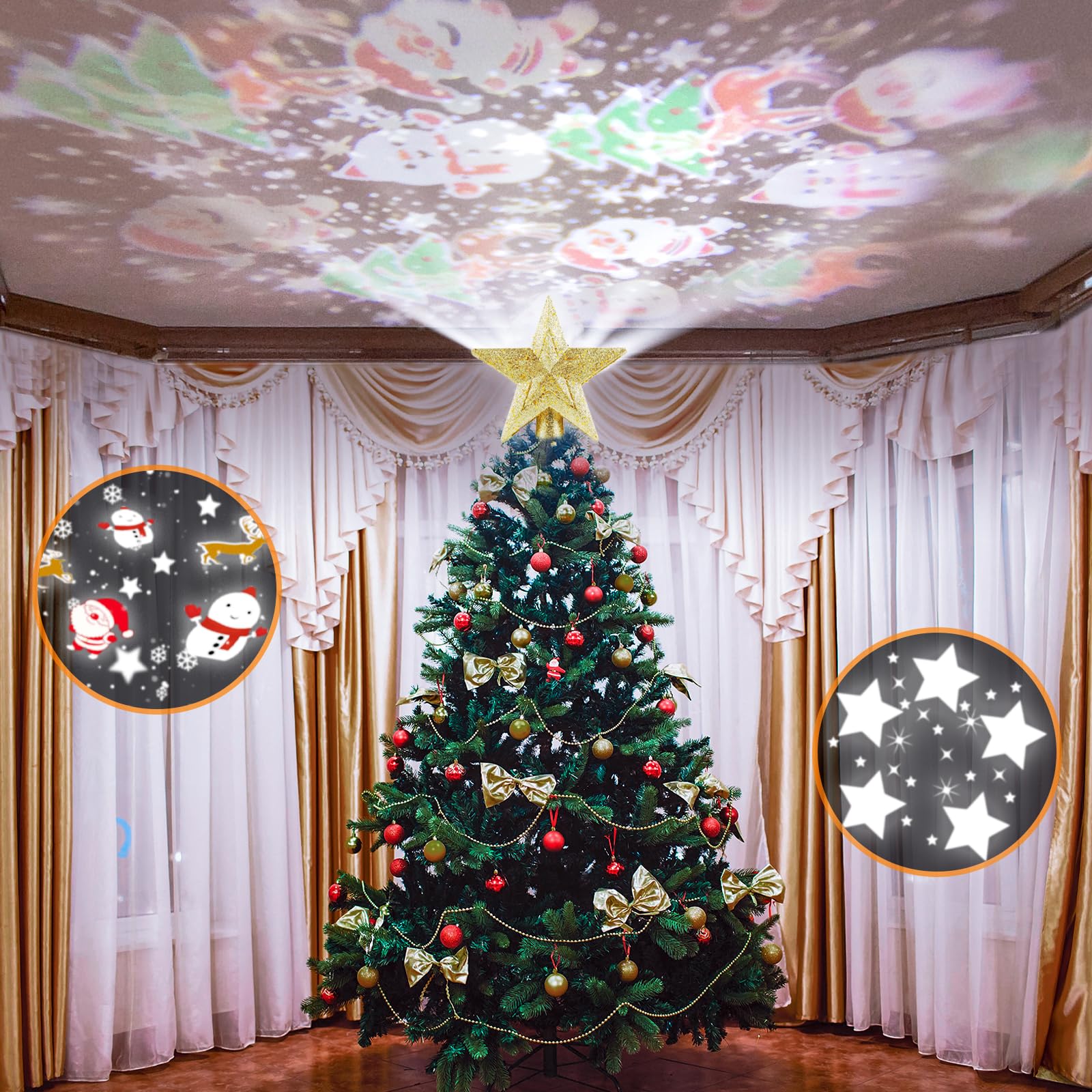 Photo 1 of Golden Star Tree Topper with Rotating Light Projector for Christmas - Tree Decorations and Toppers