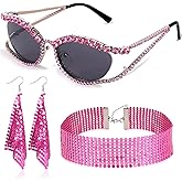 XEPST 70s Women Disco Accessories Disco Costume with Sparkling Cat Eye Sunglasses, Sequins Earrings & Choker Necklace, Glamorous Bling Costume Accessories for Women