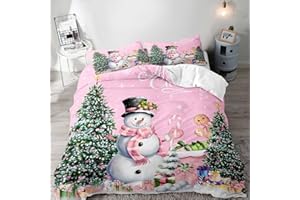 LUVIVIHOME 3PCS Gingerbread Man Snowman Duvet Cover Full Bedding Set, Teen Girl Bedding, Pink Duvet Cover, Christmas Tree Candy Cane Xmas Gifts Winter Holiday Christmas Comforter Cover, 2 Pillow Cases