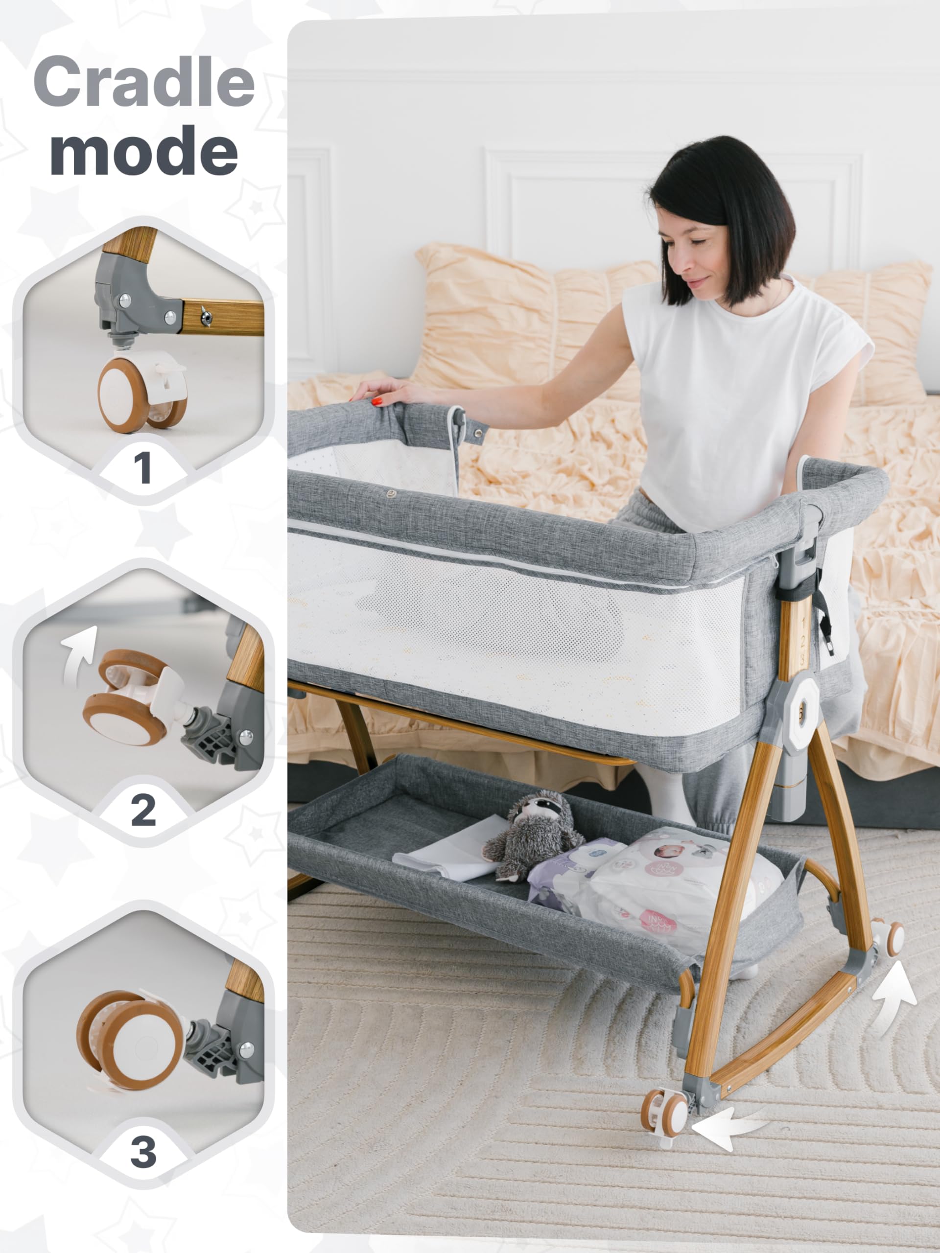 Earth&ME Bedside Bassinet for Baby – Portable Co-Sleeper Crib with Adjustable Height, Breathable Mesh Sides, Storage Basket, Mosquito Net (Wood Grain, Grey)