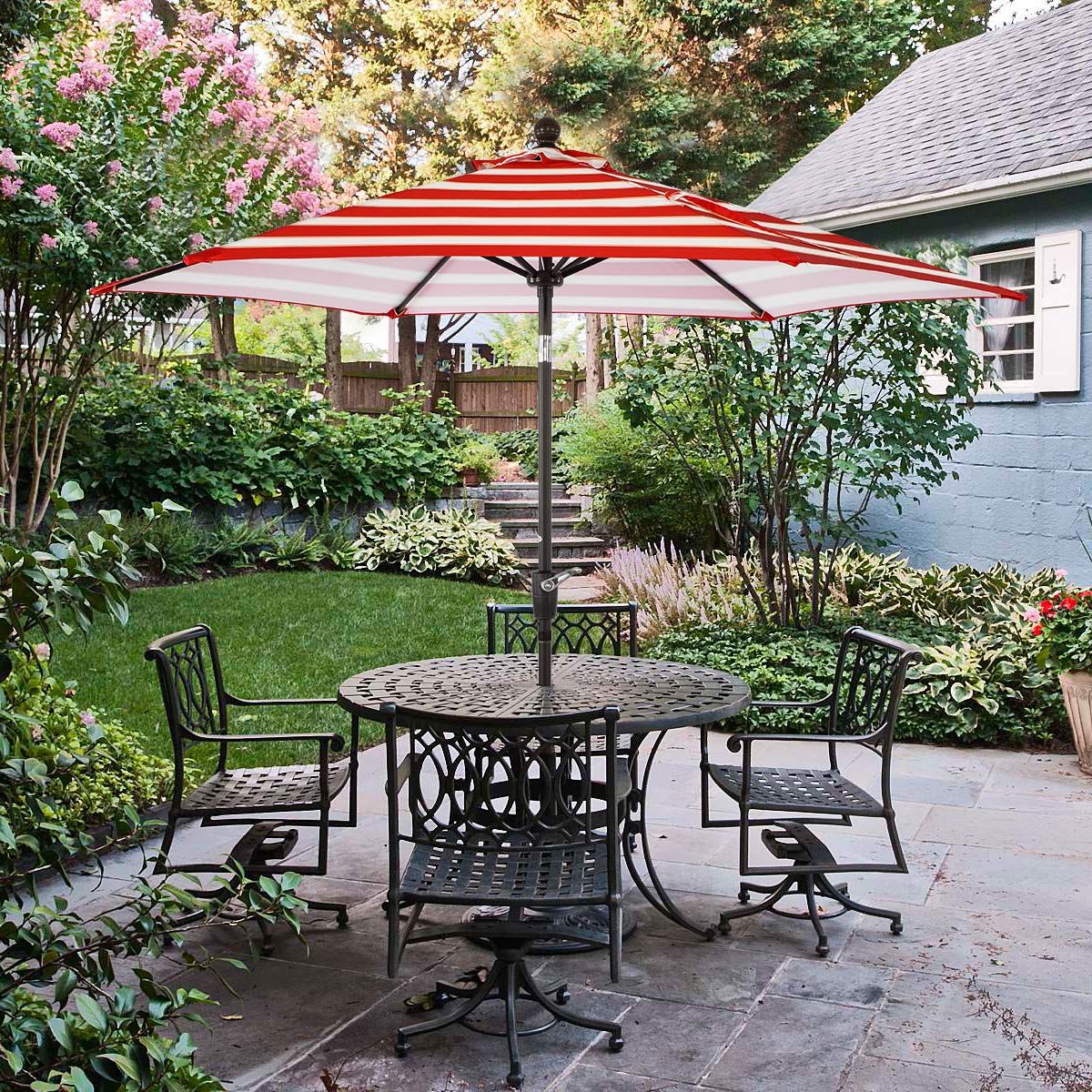 Crank Open Lch Novelty Design 9 Ft Outdoor Umbrella Patio Backyard Deck Table Umbrella Sturdy Pole 8 Ribs Blue Beach Push Button Tilting Patio Lawn Garden Umbrellas