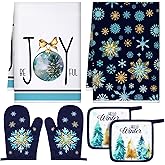 Bencailor 6 Pcs Blue Christmas Kitchen Towel Oven Mitts and Pot Holders Set Snowflake Dish Towels Christmas Tree Pot Holders Heat Resistant Oven Gloves for Xmas Kitchen Cooking Baking Grilling