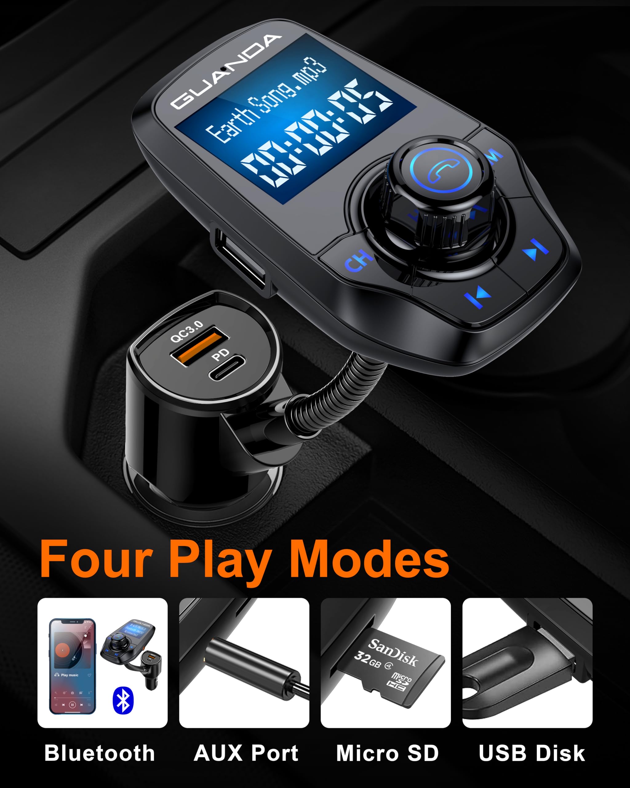 FM-Transmitter Bluetooth 5.3 für Autos, Bluetooth-Radioadapter-Transmitter für Autos, kabelloser Audio-Transmitter und -Empfänger, 1,44-Zoll-Display, AUX-EIN-/Ausgang, SD-/TF-Karte, USB-C-Ladegerät 4