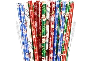 JANYUN 30 Pieces Christmas Drinking Straws BPA-Free 9inch Printing Hard Plastic Reusable Straws Xmas Balls Snowflake Elk Straw for Family Party Favors Supplies Cleaning Brush