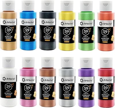 Artecho Metallic Acrylic Paint Set 12 Colors 2 oz 59 ml for Various Surfaces