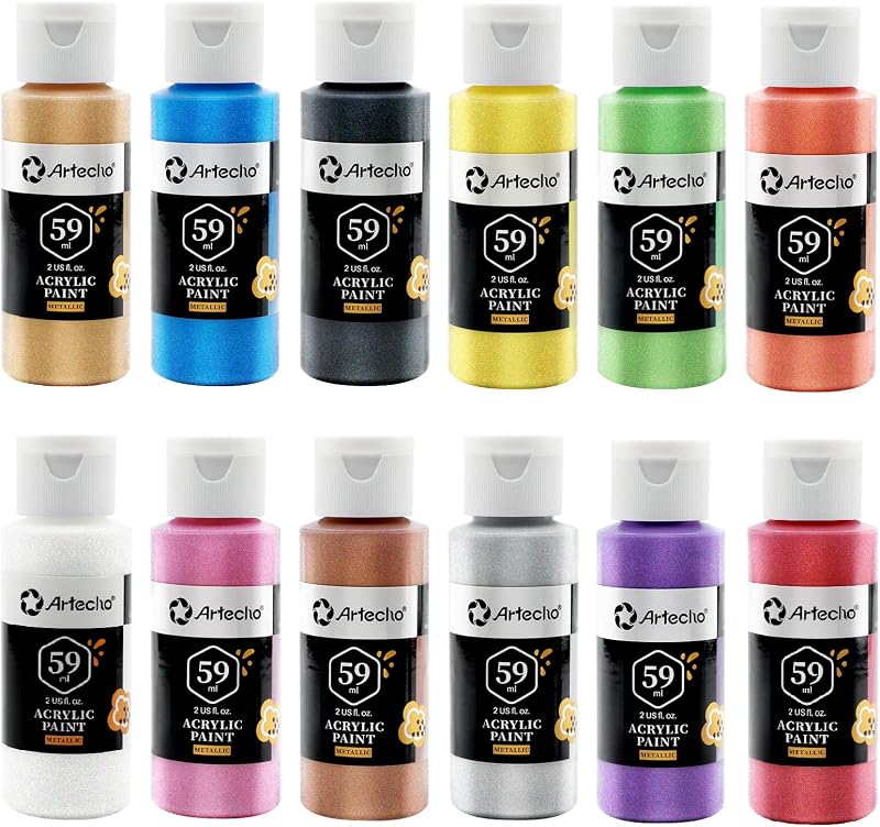 Artecho Metallic Acrylic Paint Set 12 Colors 2 oz 59 ml for Various Surfaces
