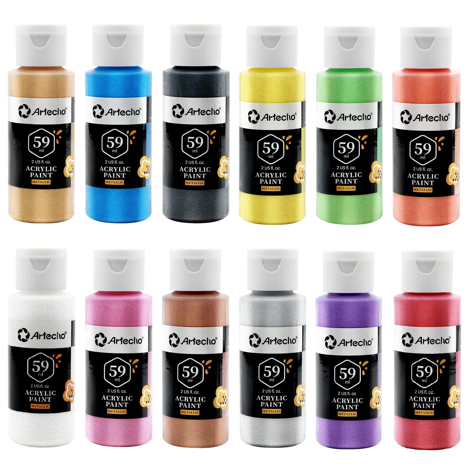 Artecho Metallic Acrylic Paint Set - 12 Colors, 2 Oz/59ml, For Wood, Fabric, Canvas, Leather & Stone