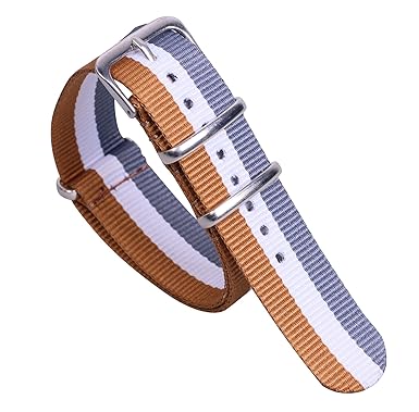 20mm Brown/White/Grey Deluxe Casual Durable Nylon NATO Style Watch Straps Bands Replacements for Men