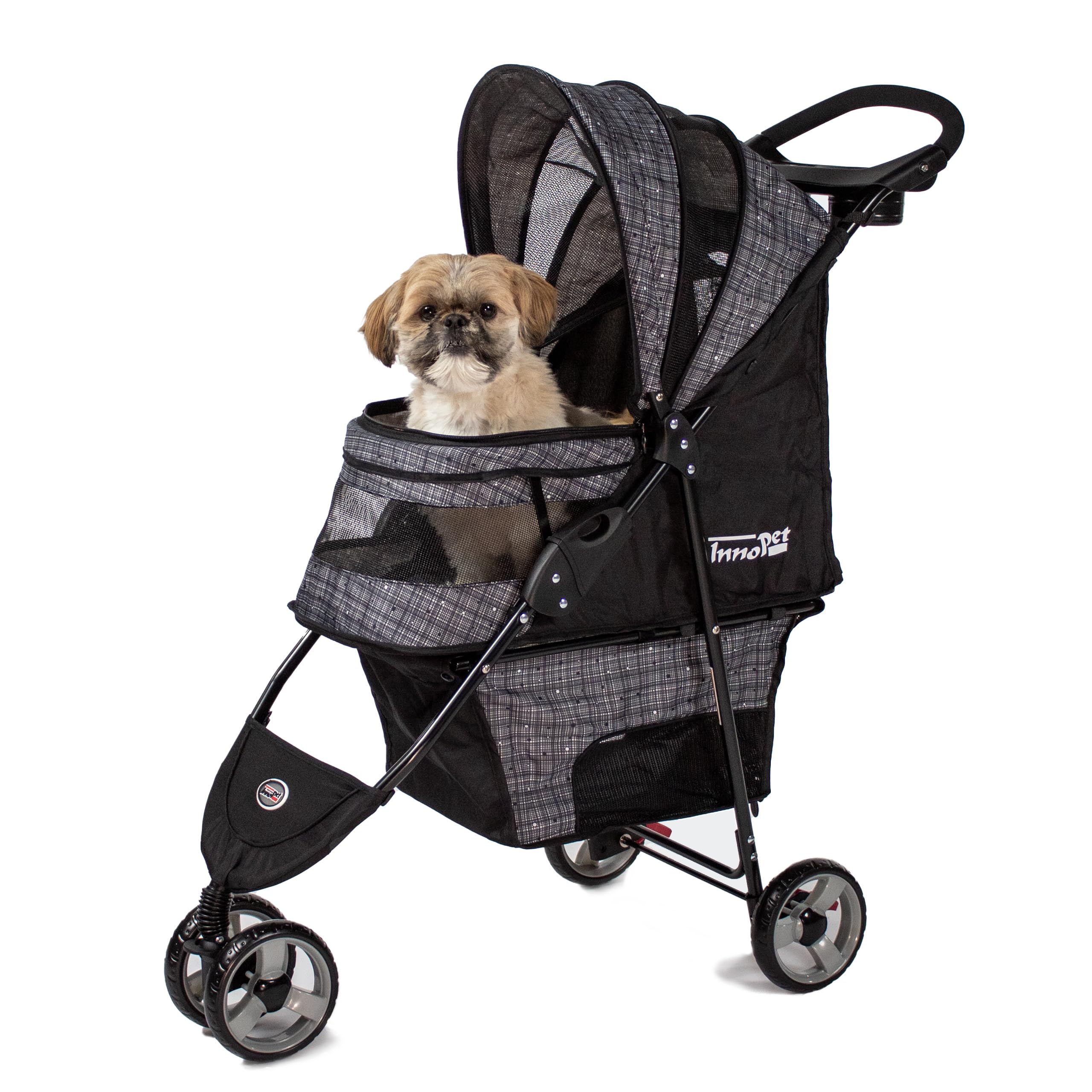 InnoPet Avenue Blended Grey Lightweight Dog & Cat Stroller - Rain Cover Included Compact Urban Pet Buggy, Foldable 2 Wheel Pram with Safety Tethers, & Storage Basket