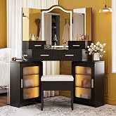 Corner Vanity with Mirror and Lights, Vanity Set with Tri-Way Mirrors | Makeup Vanity with 4 Drawers &amp; 2 Cabinets, Big Vanities with Power Outlet and Cushioned Stool, Perfect for Bedroom, Black