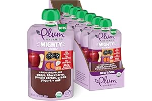 Plum Organics Mighty Food Group Blend, Organic Baby Food Meals [12+ Months], Quinoa, Blackberry, Purple Carrot, Greek Yogurt & Oat, Kosher, USDA Certified Organic, Non-GMO, 4 Ounce Pouch (Pack Of 6)