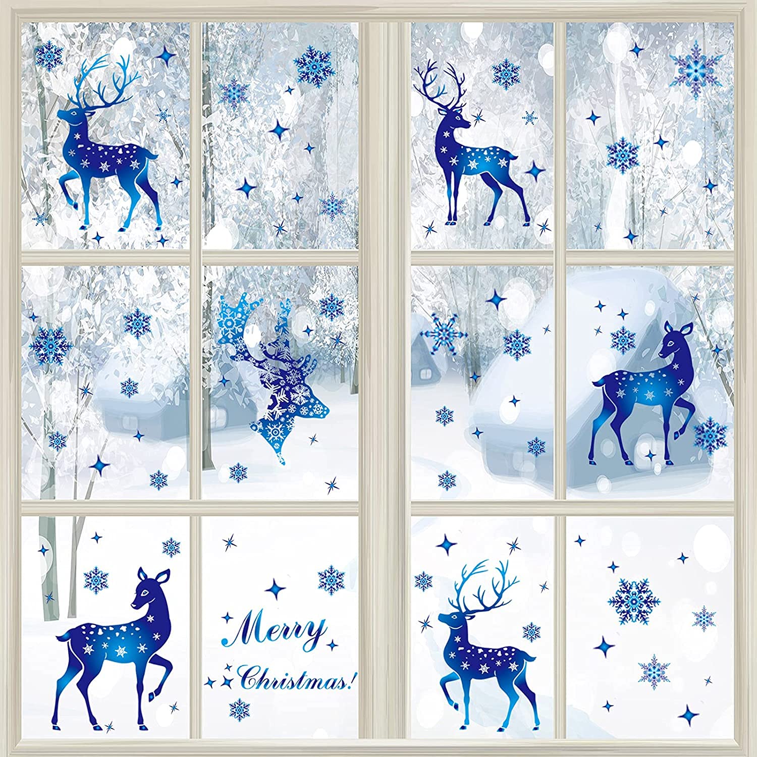 Christmas Decorations,Christmas Window Stickers Double Side Pattern, Christmas Window Clings for Christmas Window Display (Blue-Snowflake elk)