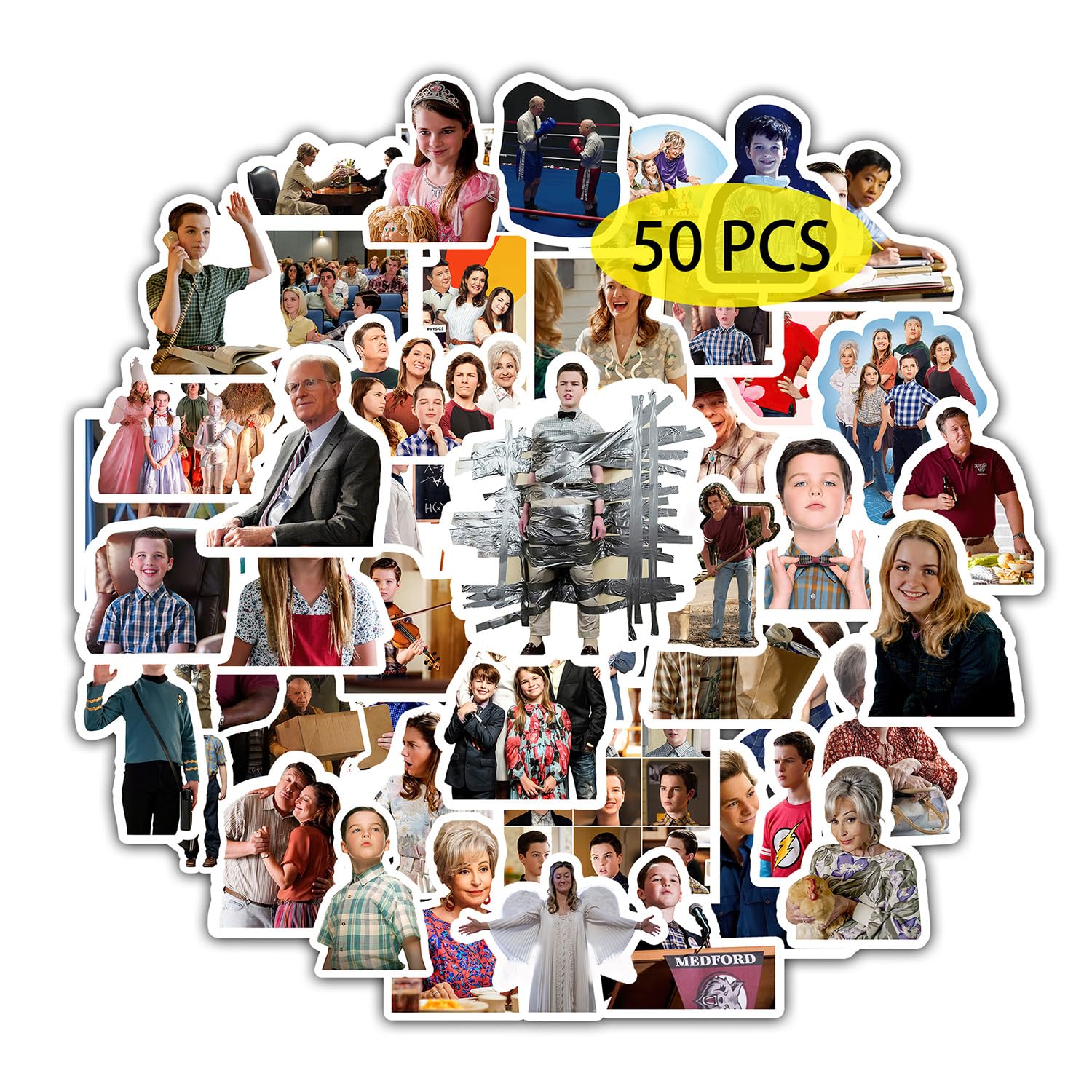 GTOTd Young Sheldon Stickers (50Pcs Large Size) Viny Waterproof Cute TV Show Stickers for Teens DIY Decal Party Supplies for Water Bottle Luggage Guitar Skateboard