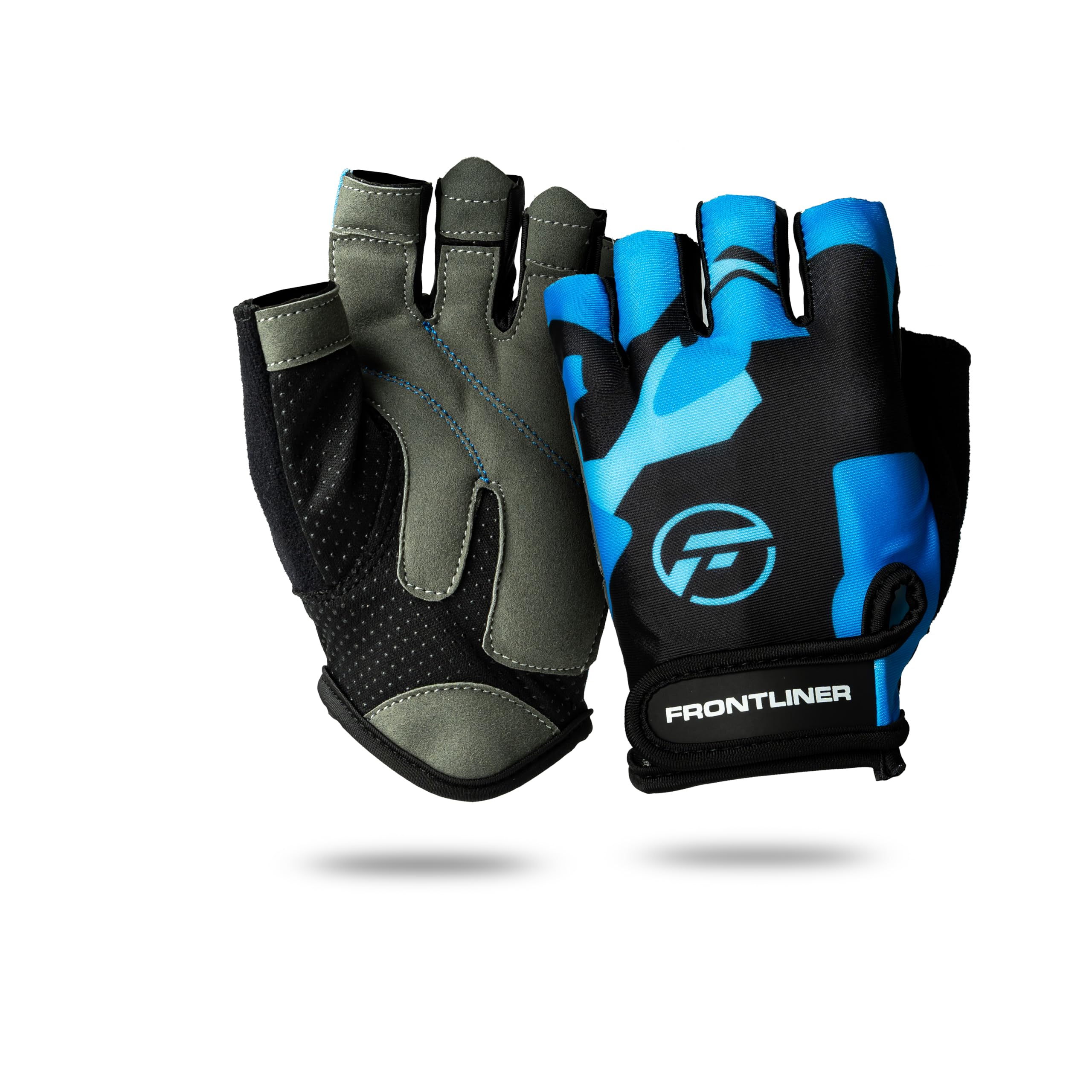 FRONTLINER Weight Lifting Gloves – Anti-Slip Padded Palm, Half-Finger Gym Gloves for Men & Women, Stretchable Fitness Gloves for Strength Training, Calisthenics, Cycling, and Workouts (Blue Camo, M)