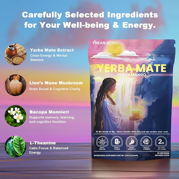 YERBA MATE PEACH MANGO TEA – SUPER CALM YERBA MATE – LOW SUGAR CONTENT, CLEAN ENERGY WITH NO CRASH – STAY REFRESHED AND FOCUSED THROUGHOUT THE DAY – IDEAL FOR HEALTH ENTHUSIASTS – 30 SERVINGS