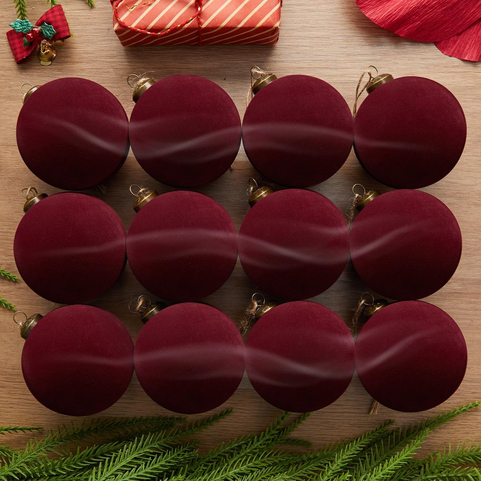 Photo 1 of 12PCS Light Scented Velvet Christmas Balls Ornament Shatterproof Velvet Xmas Tree Baubles Hanging Pendant for Winter Party Holiday Home Gift Office Yard Decor(Burgundy,3.15'')