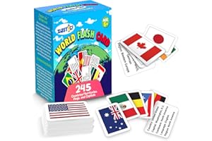Zastic! World Flags Flashcards - 245 Country Flags, Capitals, Languages & Continents - Gloss Laminated Kids Geography Flash Cards